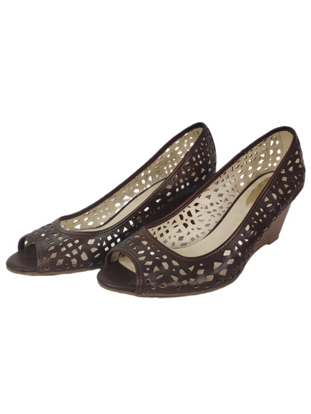 Nickels Pressly Brown Faux Leather Perforated Peep Toe Wedge Sandals Size 9M